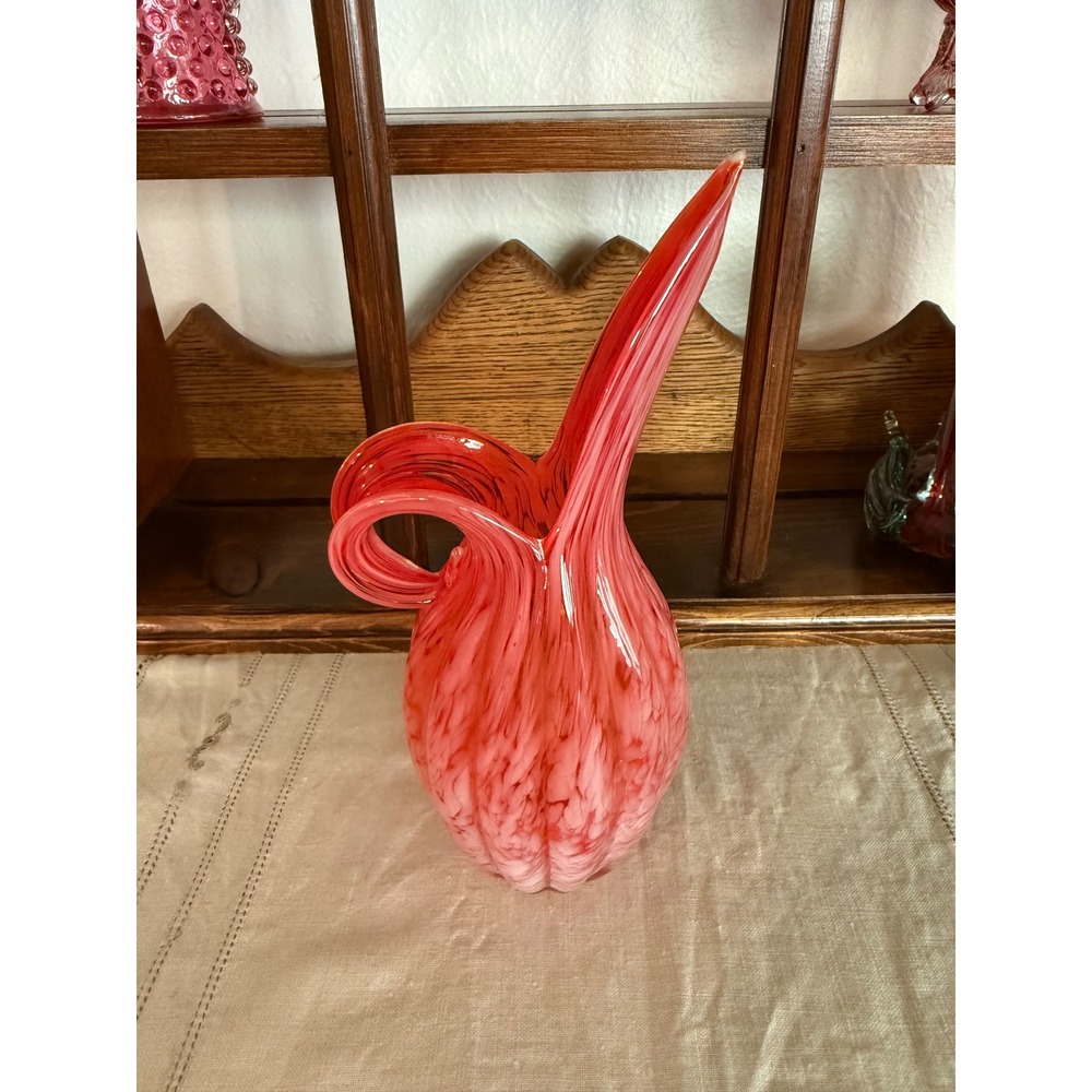 Vintage Lefton Red Orange White Spatter Art Glass Pitcher Vase